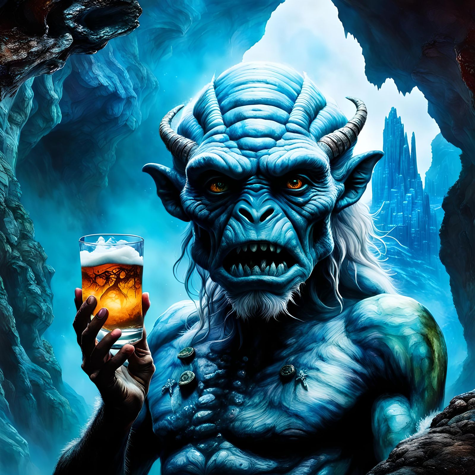 Giant Cave Creature Holding Elsa: Mixed Media Art