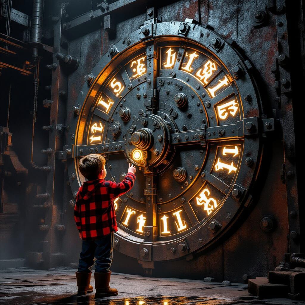 Boy Unlocks Rusted Factory Door with Glowing Symbols