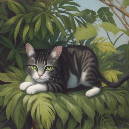 Cat on Tree Branch in Naive Art Style