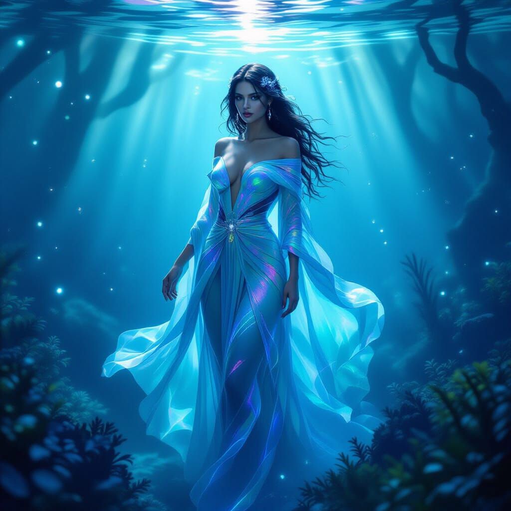 Bioluminescent Woman in Underwater Dreamscape