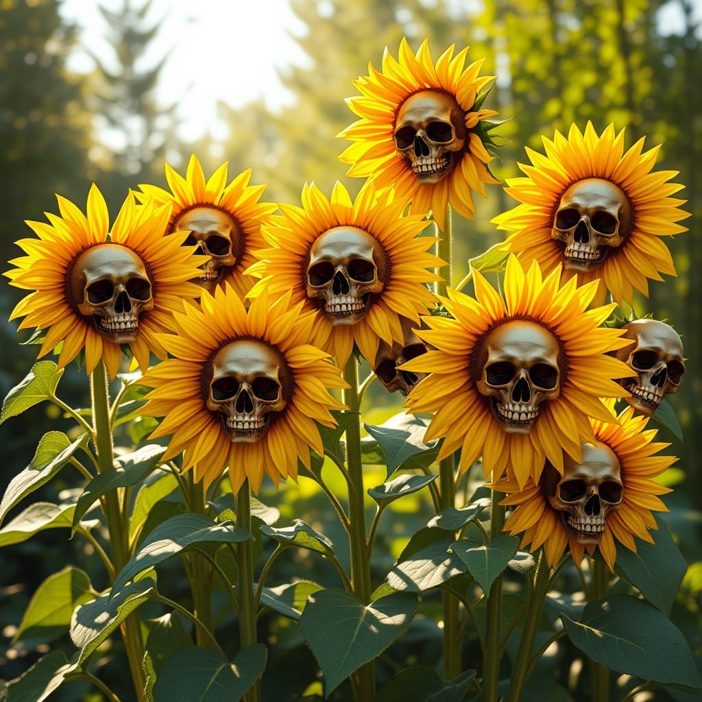 A photo of eight sunflowers with human skull centers, arranged in a natural outdoor setting. Each sunflower has vibrant ...