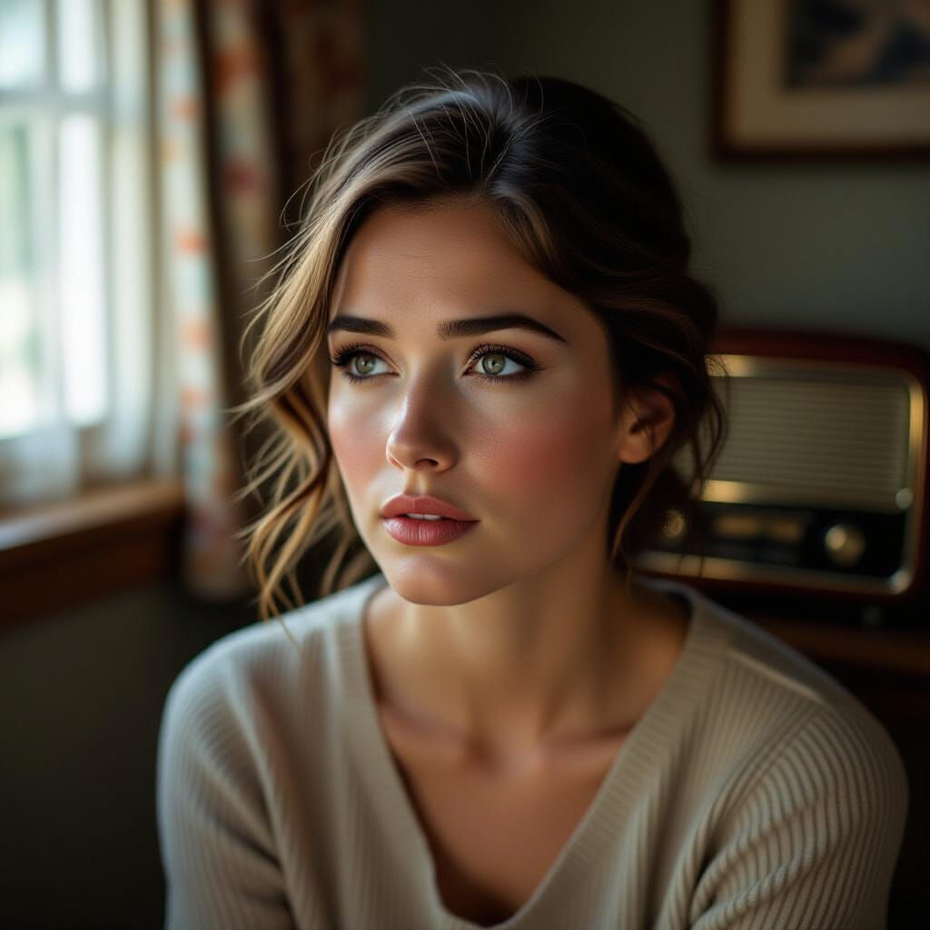 Cinematic Portrait with Vintage Radio, Photorealistic Style