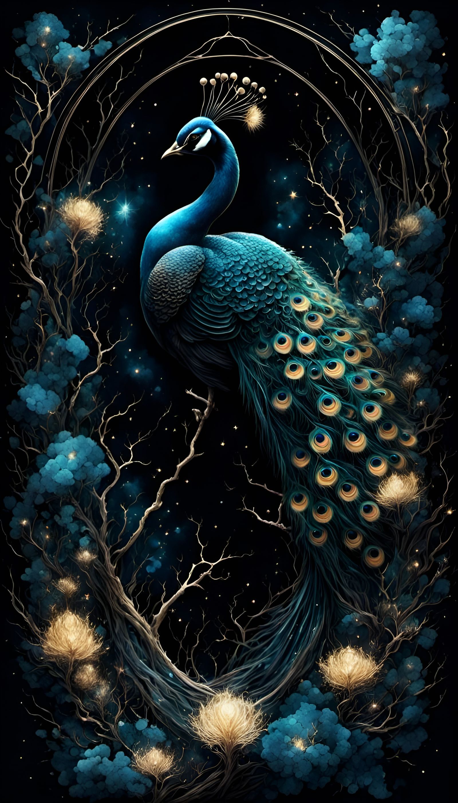 Bioluminescent Peacock with Starry Geometric Elements