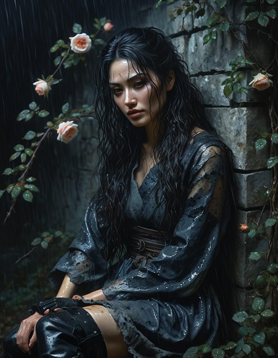 Chiaroscuro Oil Painting: Woman in Ruins on Foggy Night