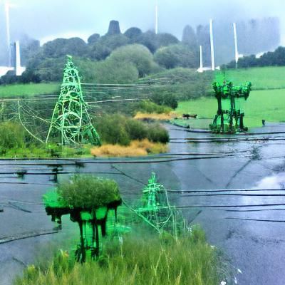 Overgrown Landscape with Electric Pylons in Rain