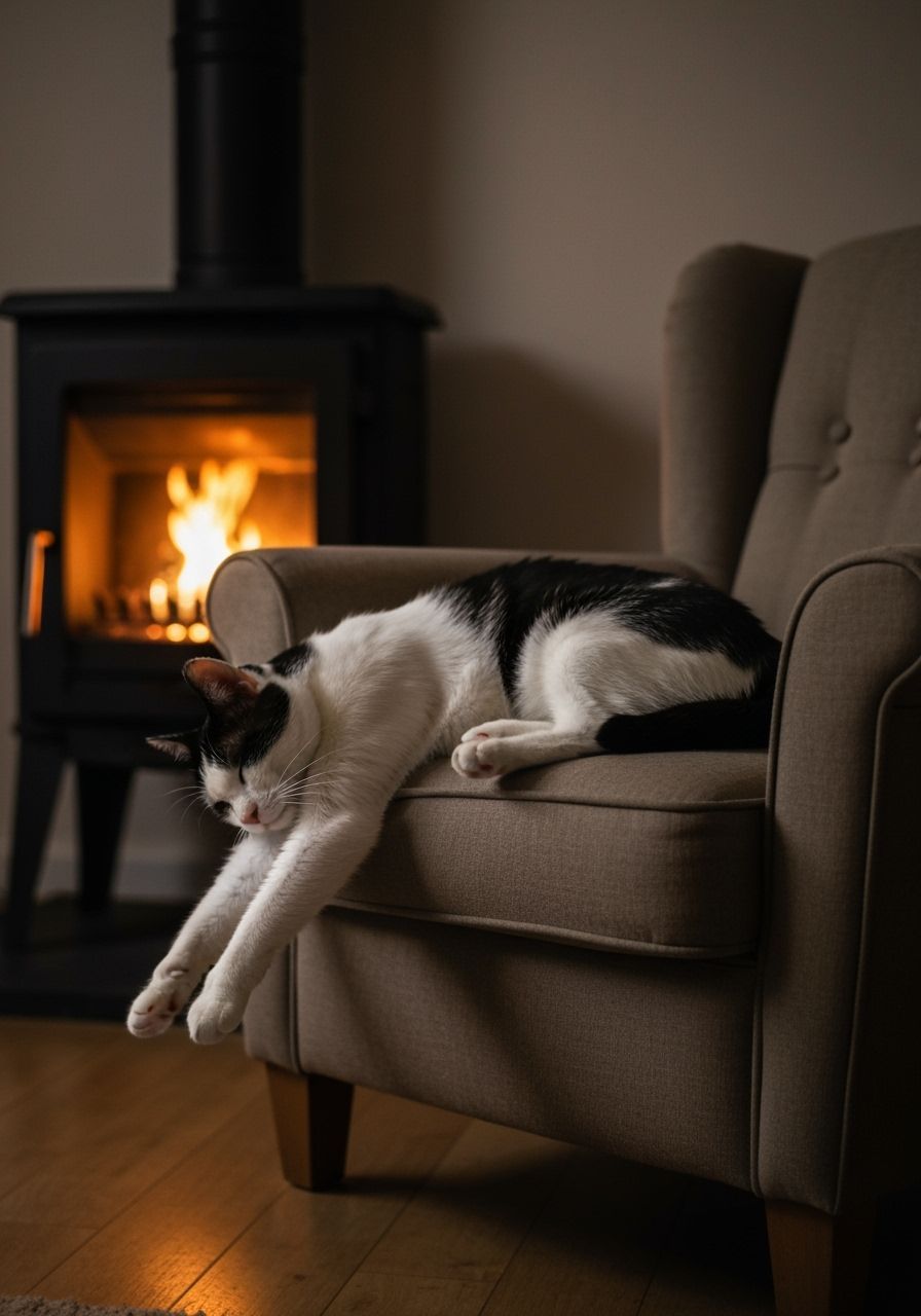 Photorealistic Black Cat Sleeping Awkwardly in Armchair