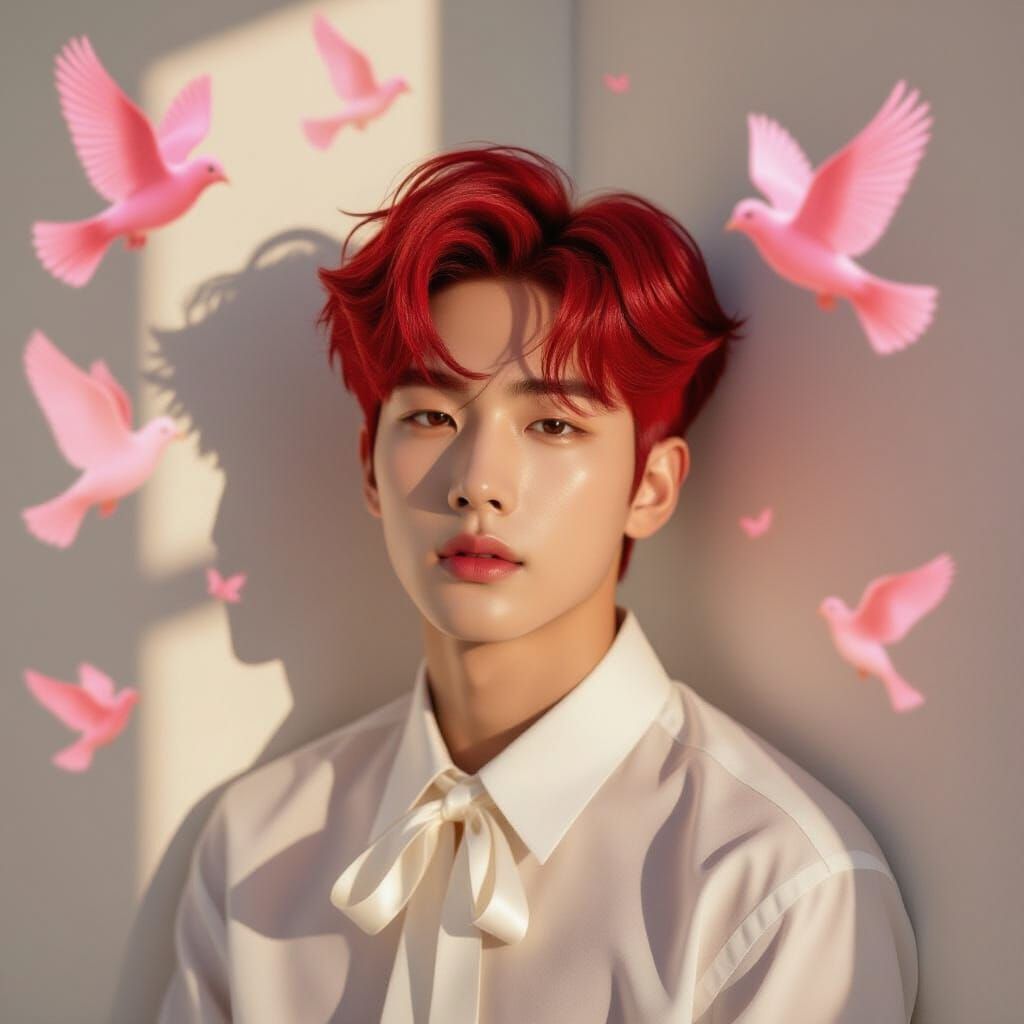 Dreamy Editorial Photo of Korean Actor with Red Hair & Pink ...