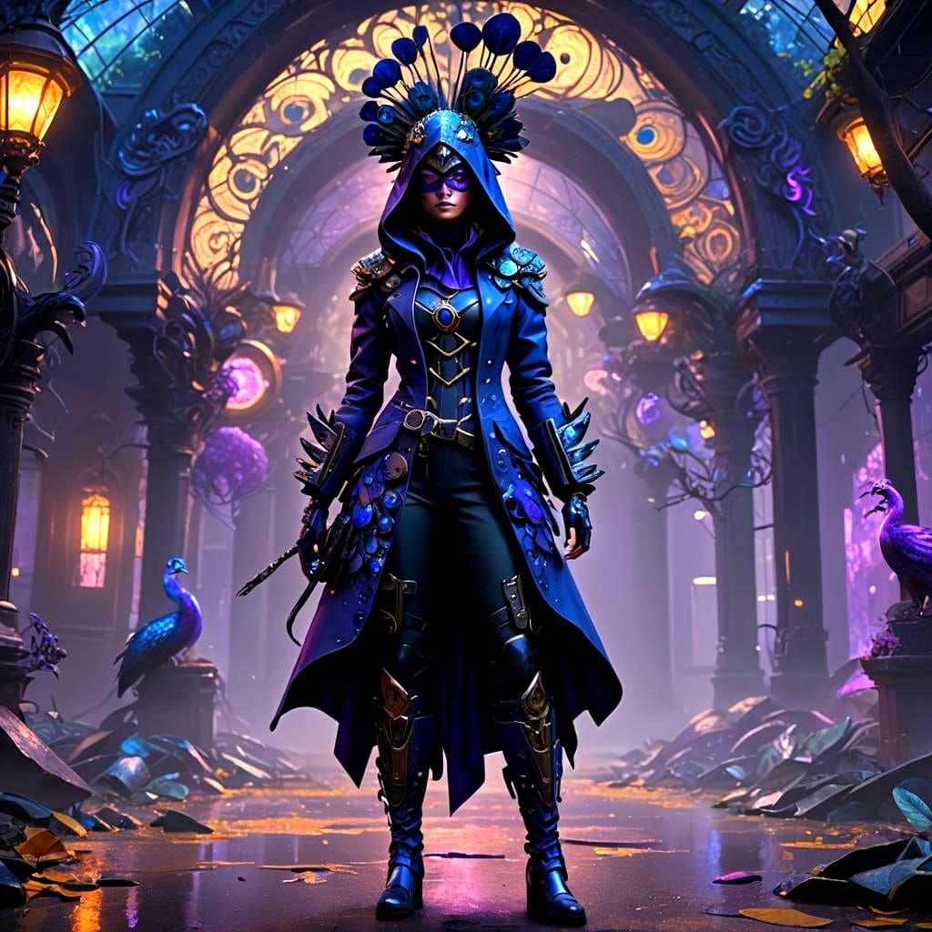 Cybernetic Superheroine in Peacock-Inspired Outfit