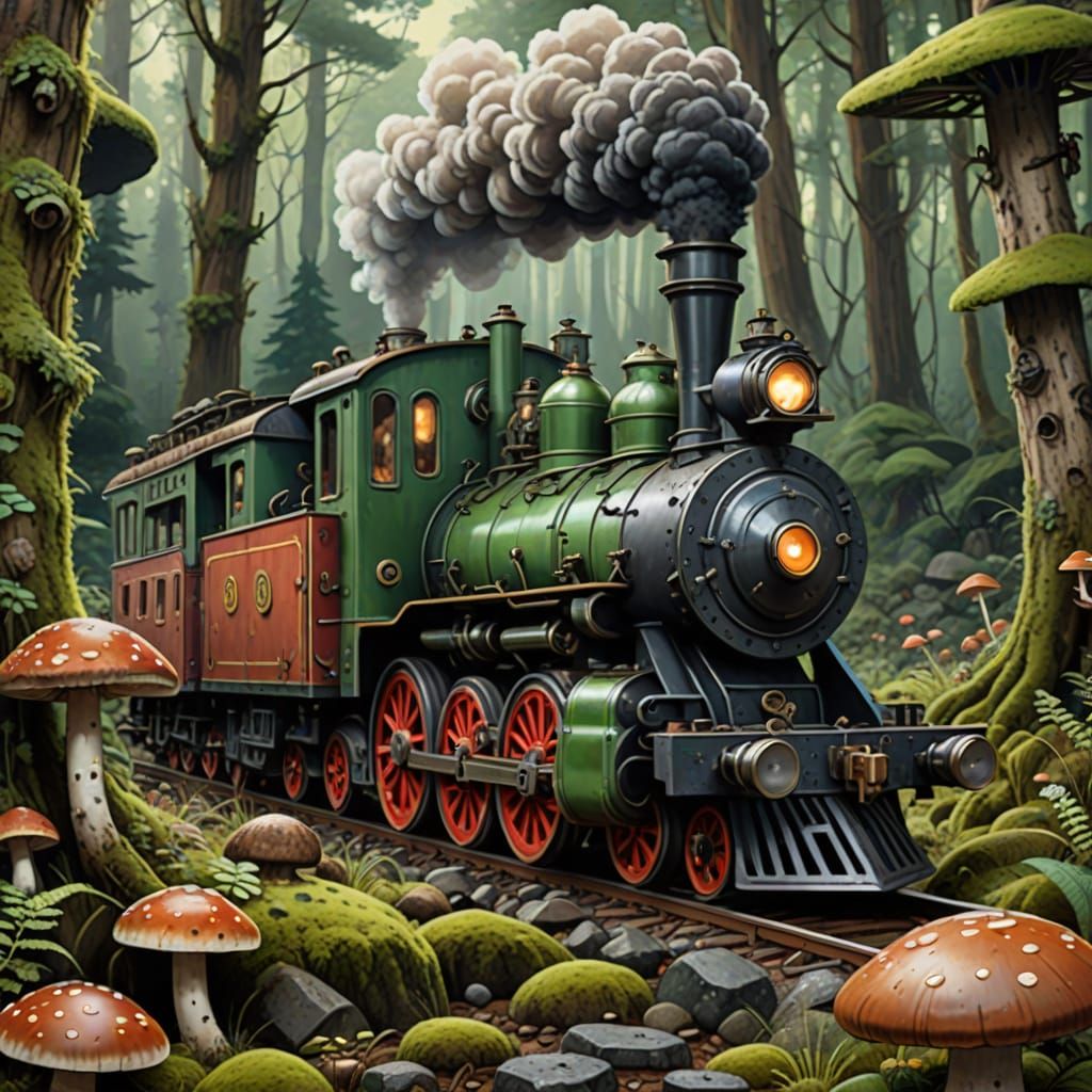 Whimsical Steam Engine in Enchanted Forest