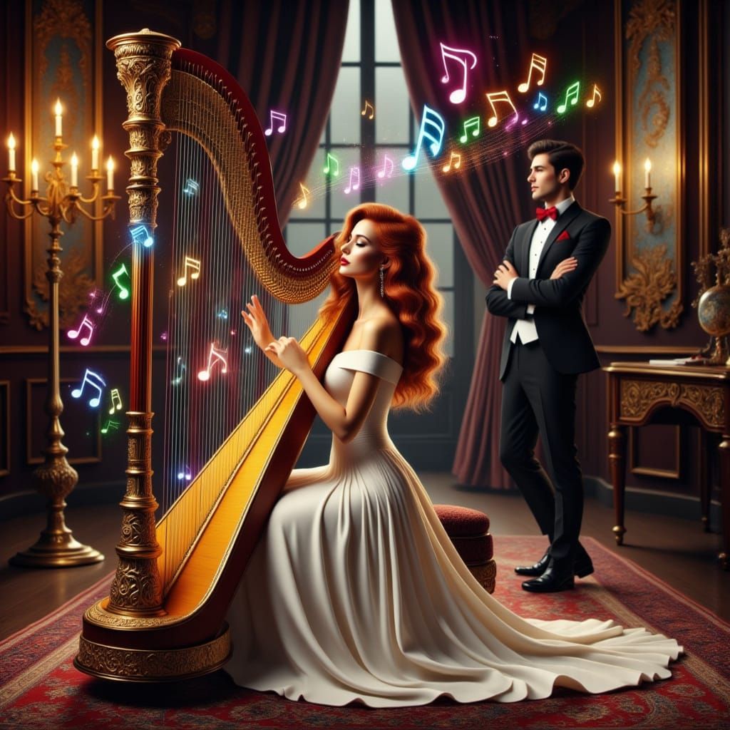 “ Woman plays an ornately carved Harp “