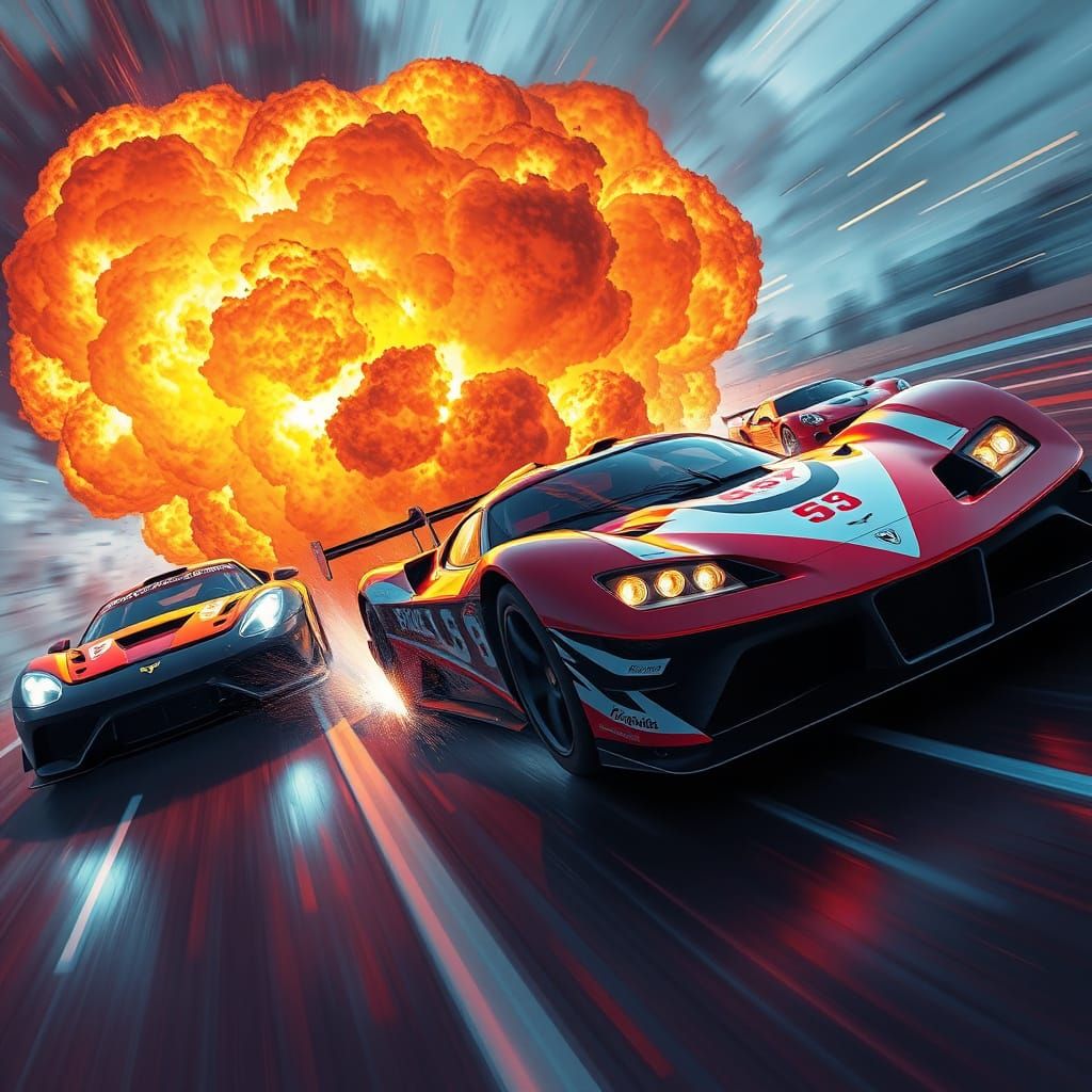 Race Car Crash with Fireball Explosion