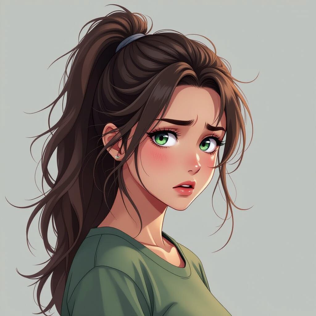 Scared Woman with Messy Ponytail Anime Wallpaper