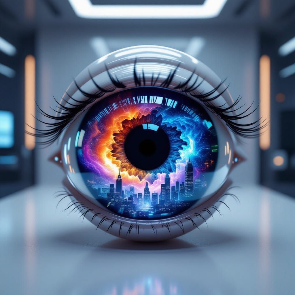 Hyperrealistic Eye with Galaxy Iris Reflecting Cyberpunk Cit...