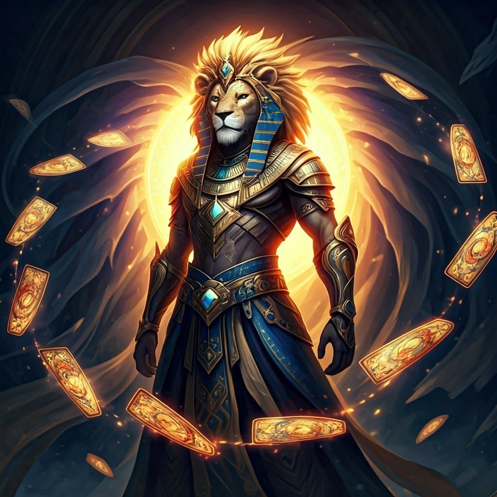 Majestic Lion Tamer in a Dreamlike Tarot Card Whirlwind