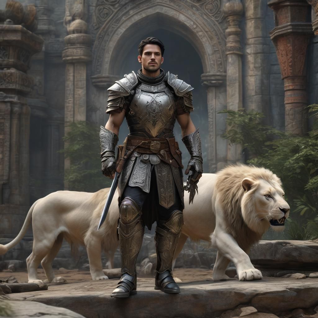 Man and White Lion in Detailed Fantasy Art