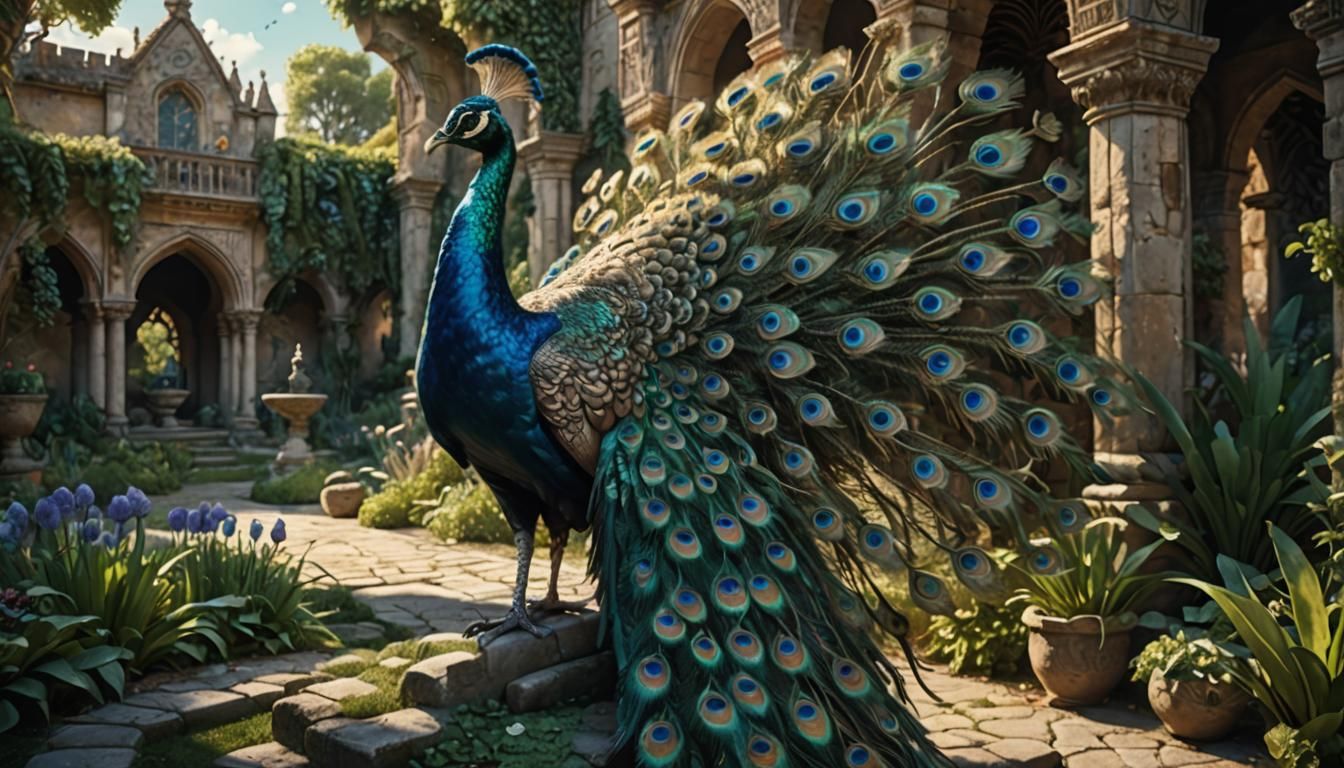 Peacock Strolling Through Medieval Garden in Matte Painting