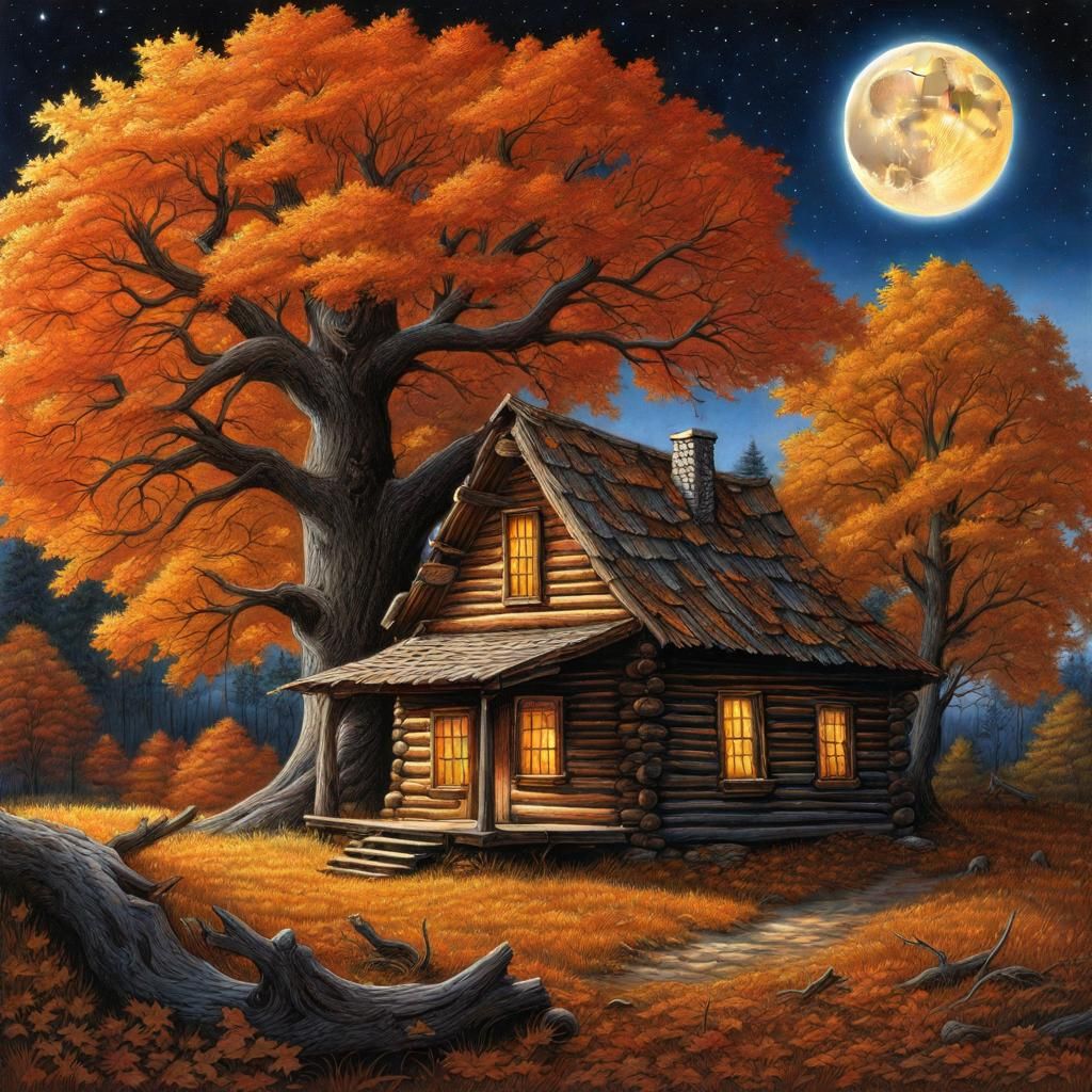 Autumn Cabin Under Harvest Moon in Colored Pencil Style