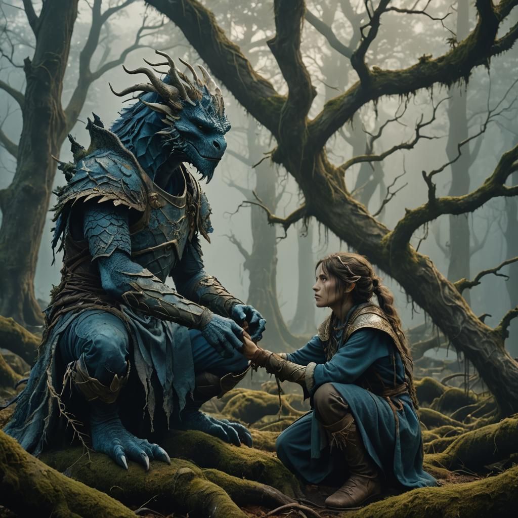 Dragonborn Druid and Twig Blight Pet in Forest