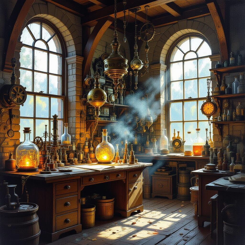 Fantastical Inventor's Workshop Oil Painting