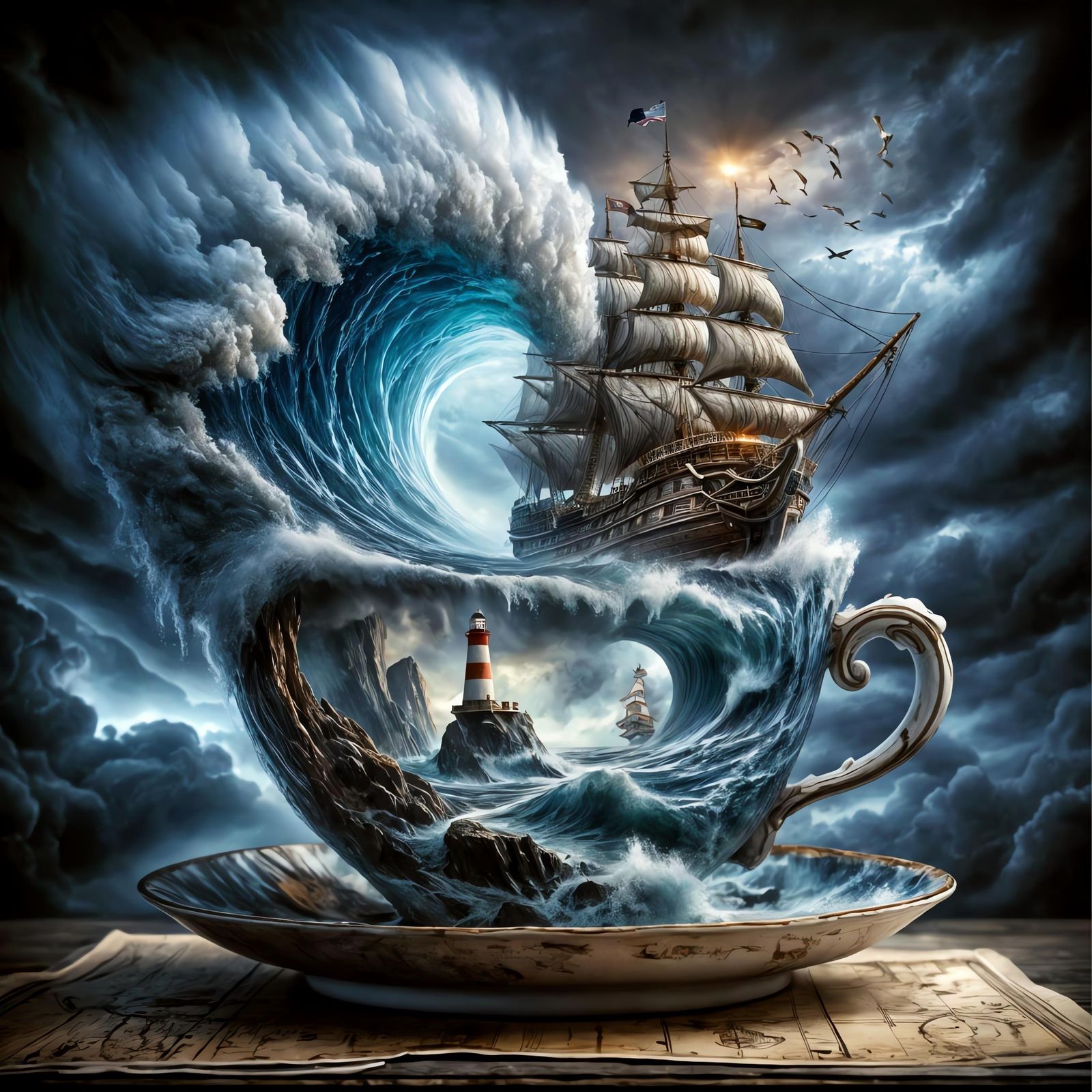 Stormy Ocean in Teacup with Pirate Ship