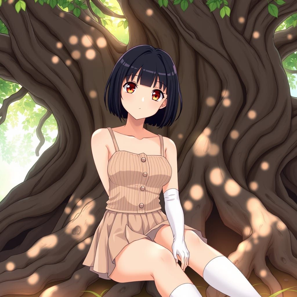 Anime Girl in Whimsical Woodland Scene with Soft Light
