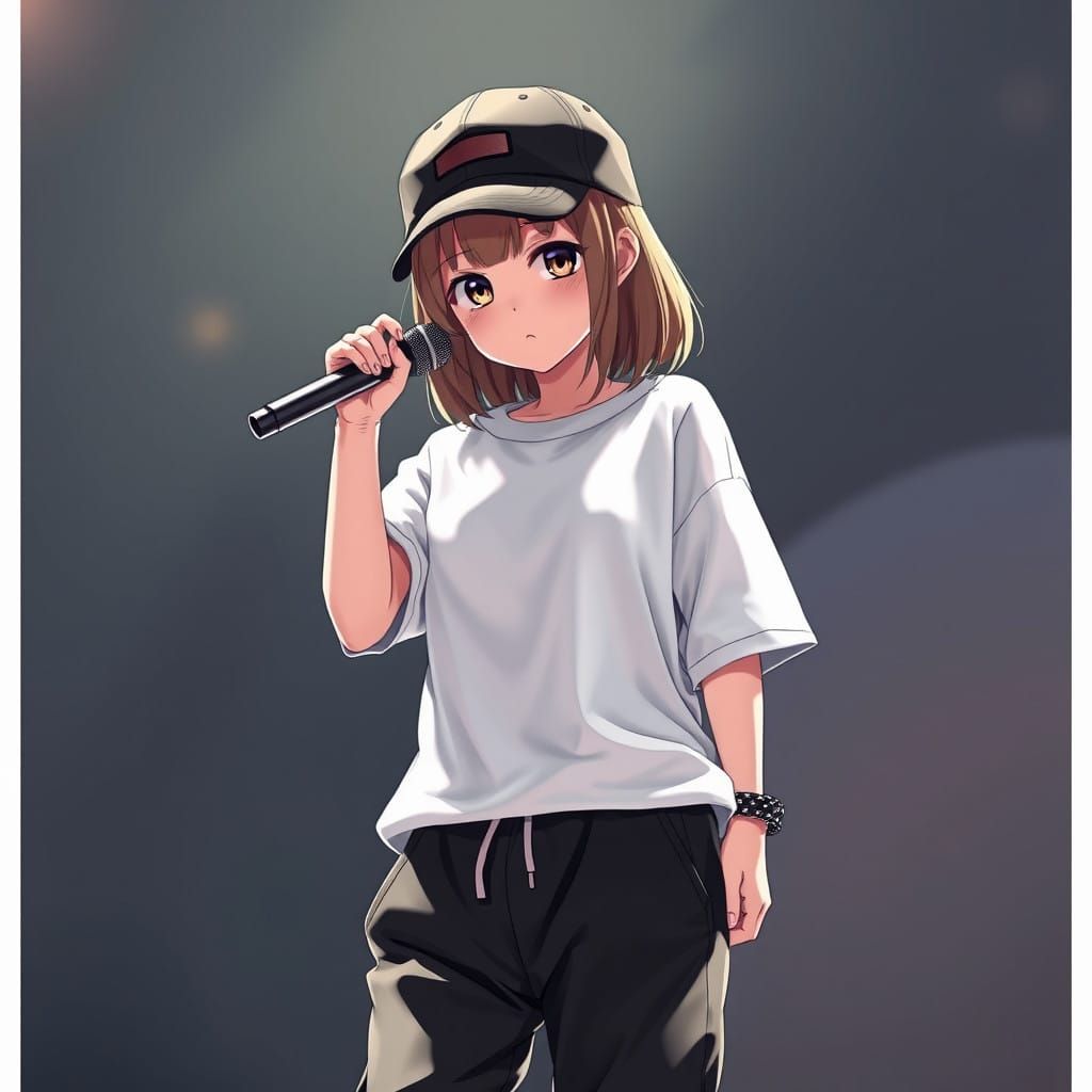 Serious Female Rapper in Concert, Anime-Style Concept Art
