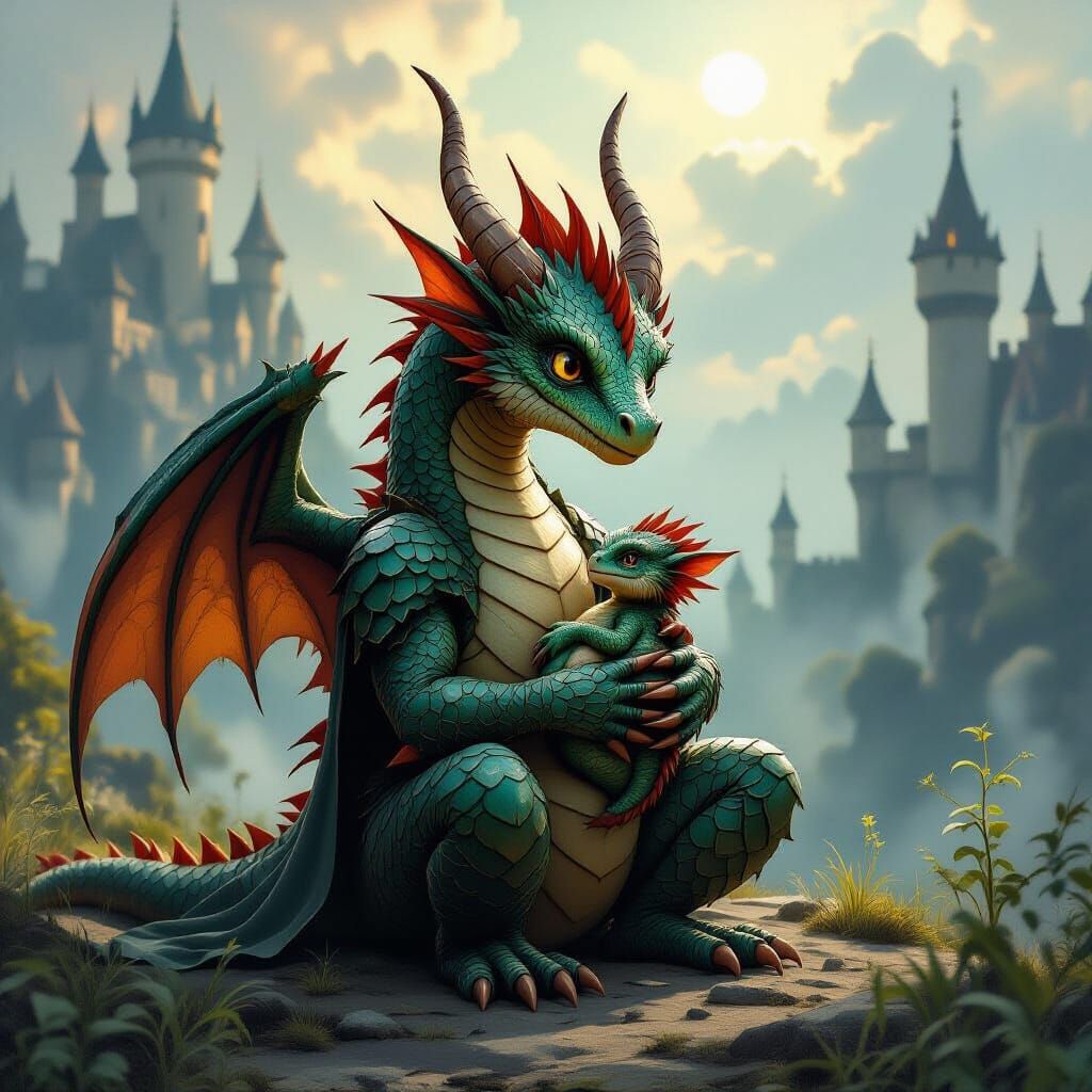 Worried Dragon Protects Hatchling in Medieval Landscape