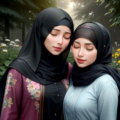 Two Cute Hijabi Women in a Fantastic Garden