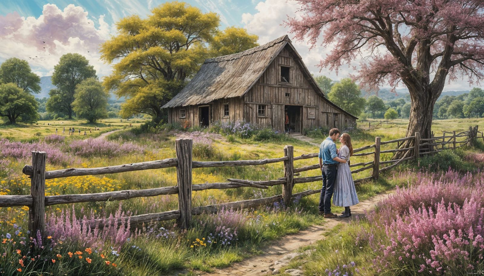 Couple in Heather Field: Watercolour Digital Art