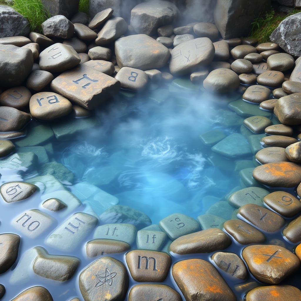 Surreal Hot Spring Oasis with Rune-Inscribed Stones and Ethe...