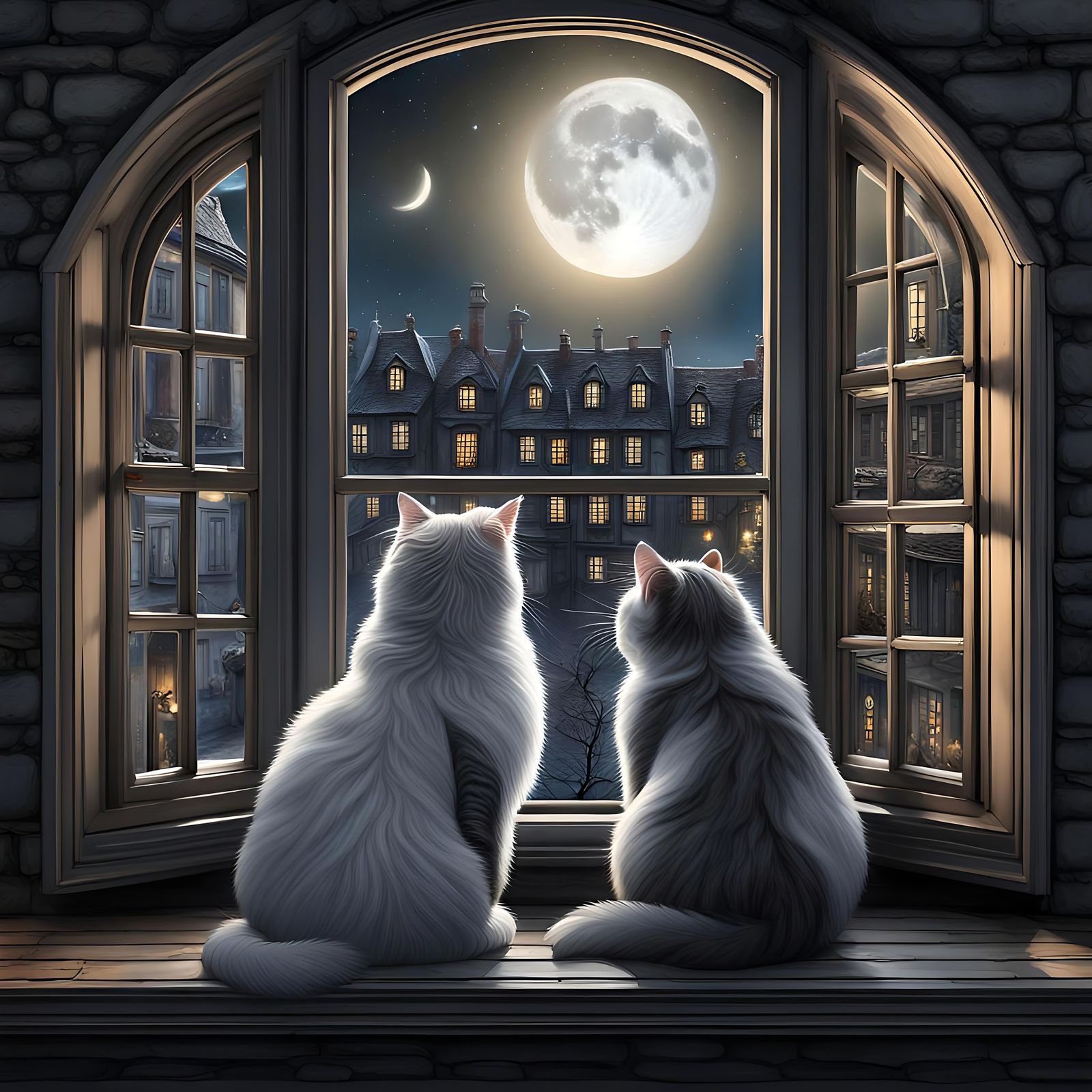 Two cheerful cats, one black and white, the other a fluffy blue-gray, sat inside a four lite bow window, looking out at ...