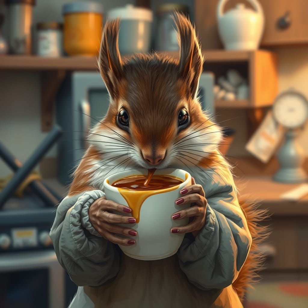Sleepy Squirrel with Coffee: Painterly Concept Art