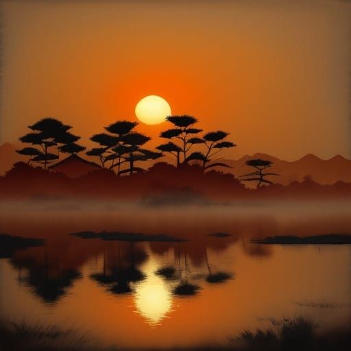 Sunset Landscape in Sumi-e Style