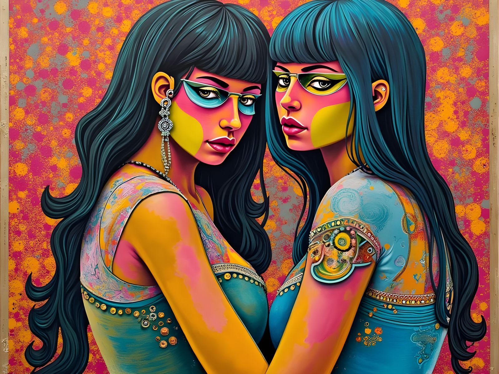 Androgynous Figures Embracing in Vibrant Cubist Style