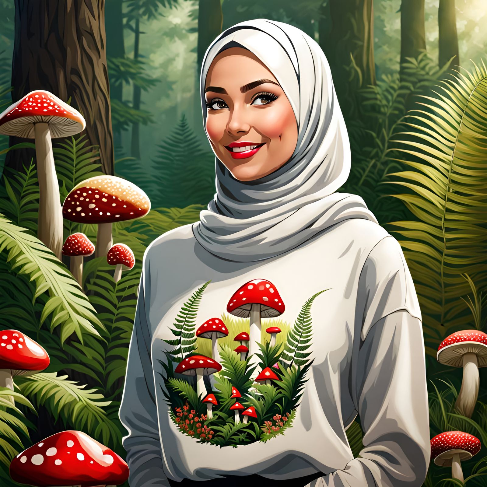 Beautiful Woman in Mystic Garden with Toadstools