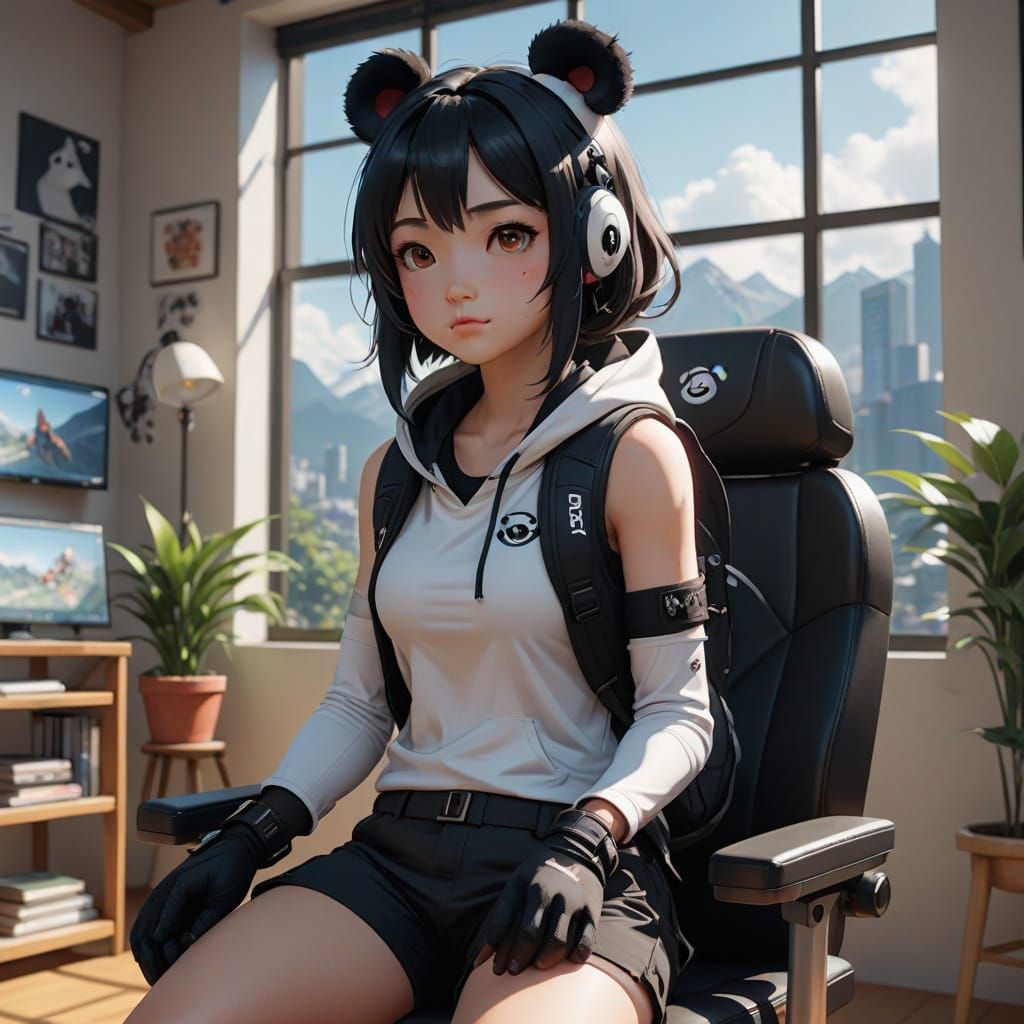 Cute Panda-Themed Girl in Sporty Anime Style