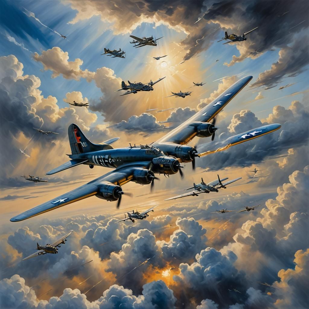 B-17 Bomber in WWII Aerial Combat Oil Painting