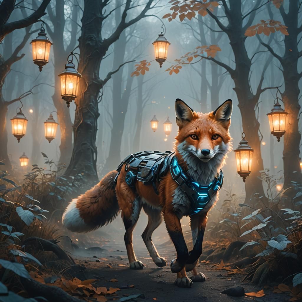 Cyborg Fox in Foggy Forest: Baroque Digital Art