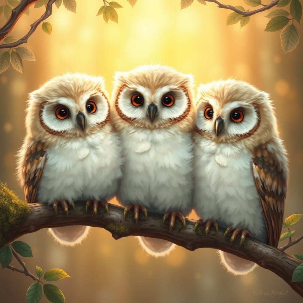 Fluffy Owls on Branch in Warm Light