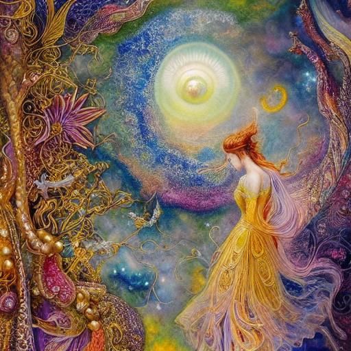 Woman Walking in Space in Surreal Floral Art