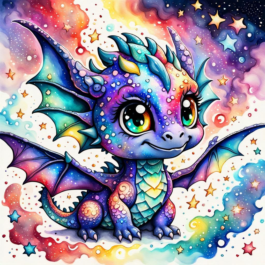 Watercolor Painting of Sparkling Baby Dragon in Nebula