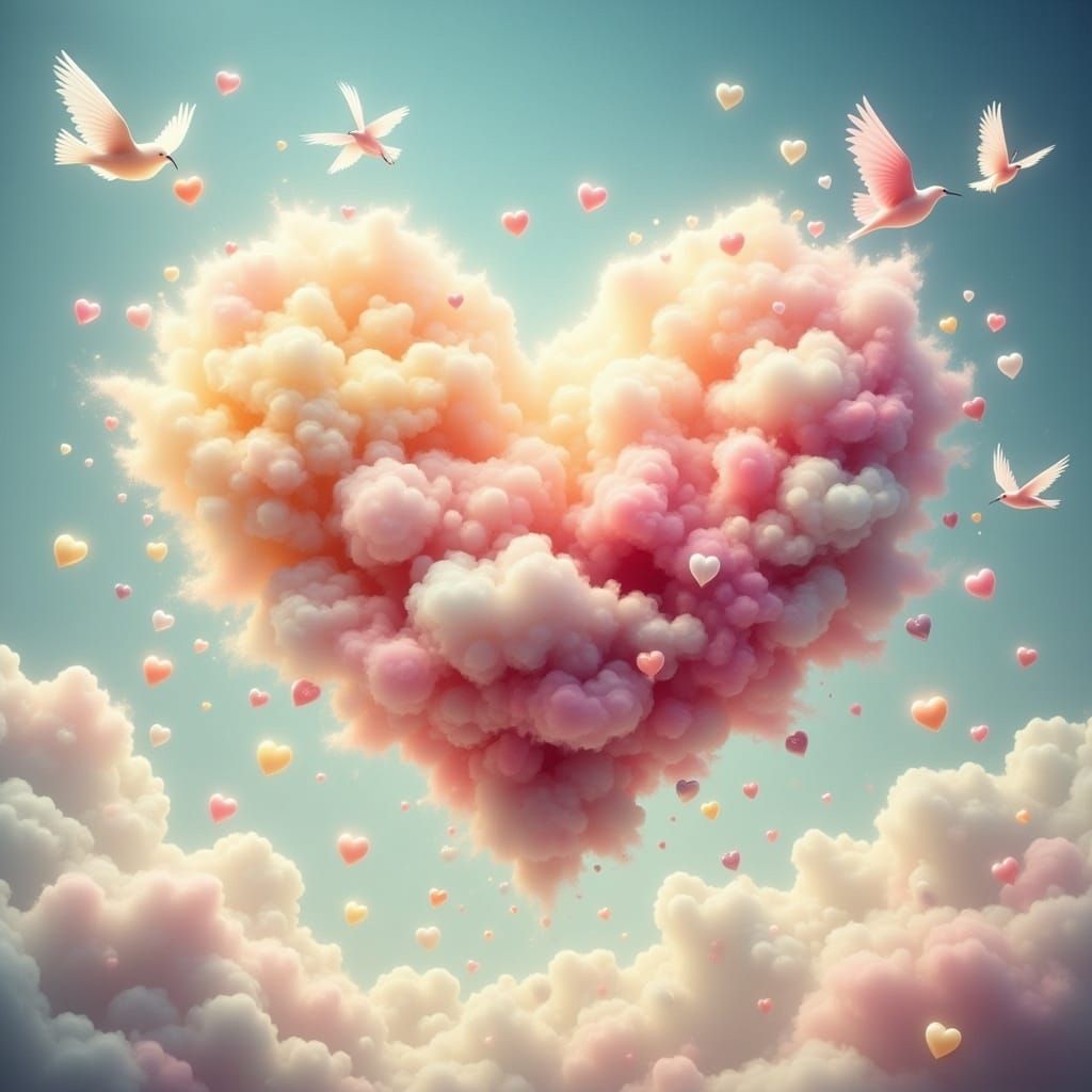 Dreamy Enchantment Heart-Shaped Cloud Scene in Vibrant Color...