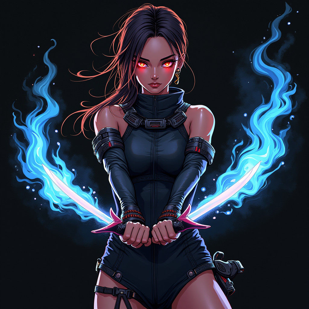 Energetic Goddess Wields Blazing Blue Flame Swords in Dark C...