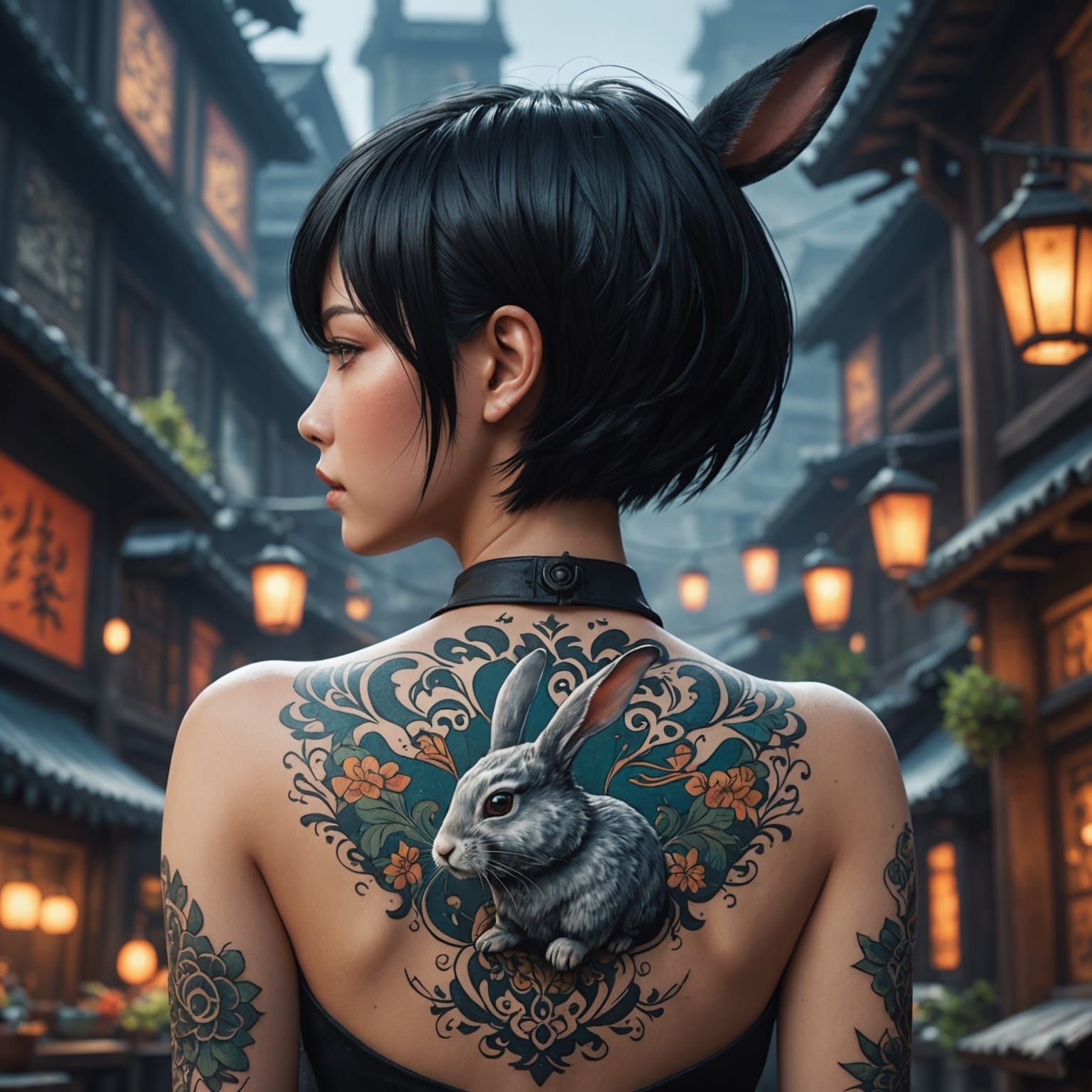Anime Woman with Rabbit Tattoo in Detailed Matte Painting