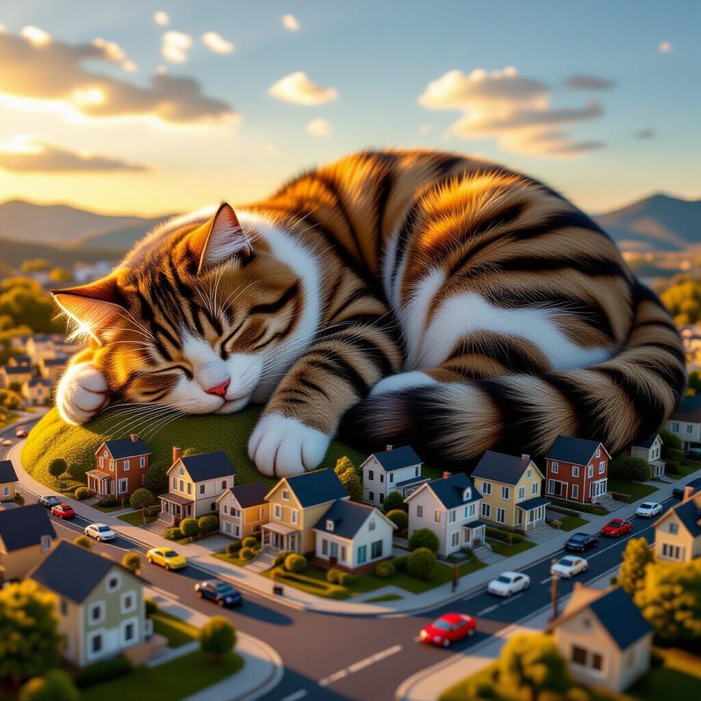 Giant Cat Sleeps in Miniature City