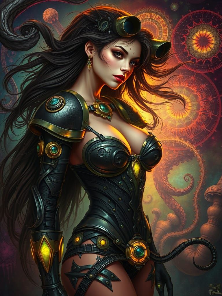 Gothic Biomechanical Woman in Psychedelic Dieselpunk Dreamsc...