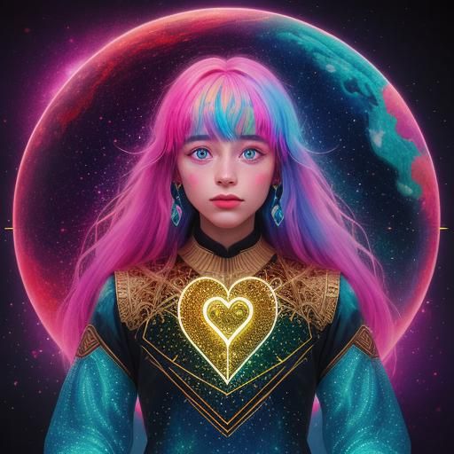 Holographic Heart of Gold: Cosmic Astral Illustration