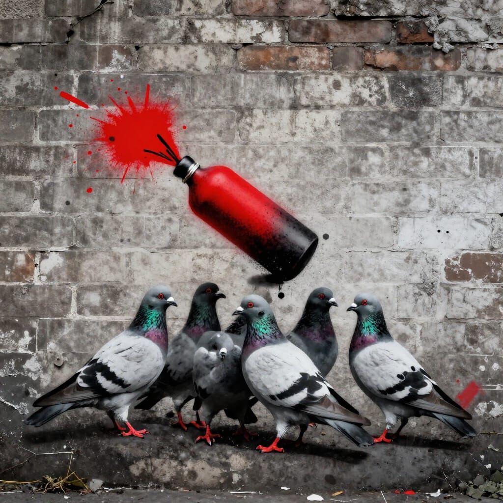 Pigeons Carry Molotov Cocktail in Banksy Style