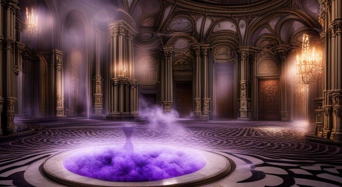 Intricate Ritual Chamber with Swirling Mist, 8K