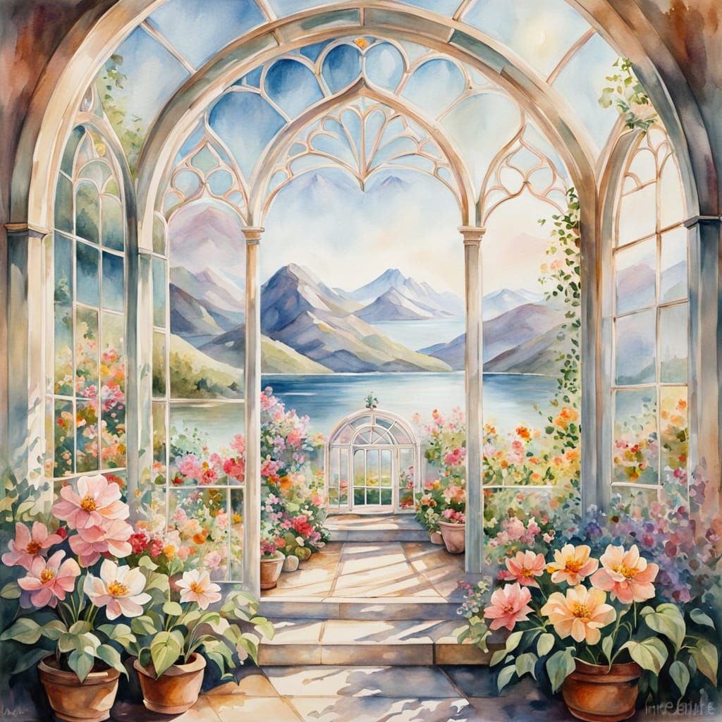 Ornate Greenhouse with Mountain View in Watercolor Style